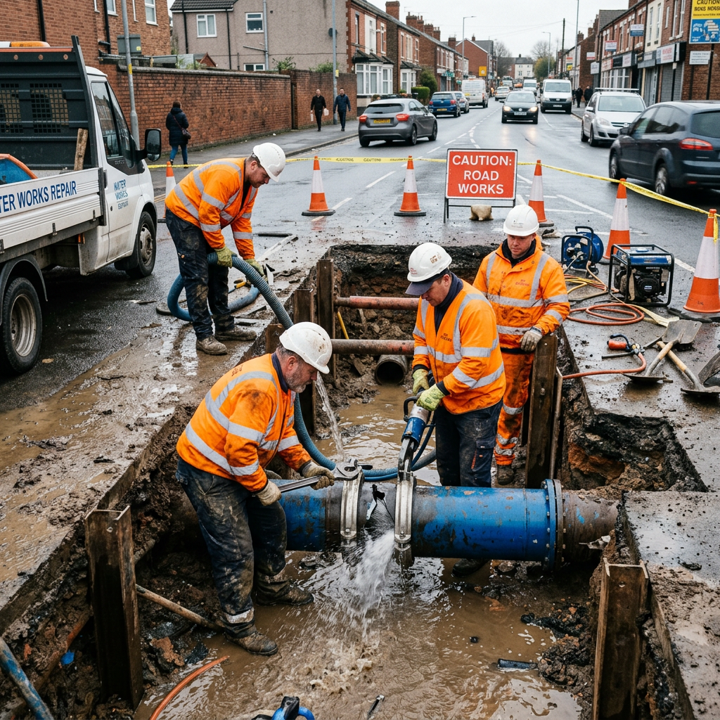 Workers in safety gear repairing a large blue water pipe in a muddy excavation on a city street