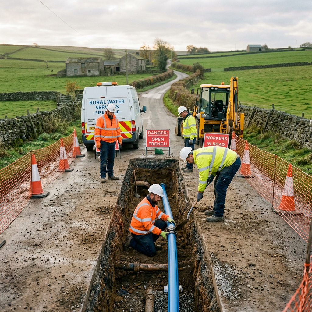 Four workers in safety gear repairing a water pipe in a trench on a rural road