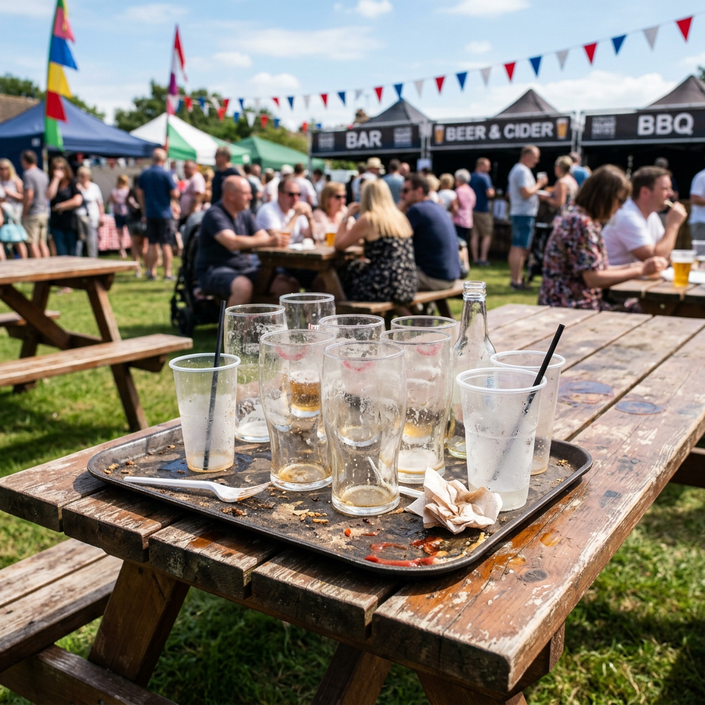 Dirty tray empty glasses picnic table summer fete