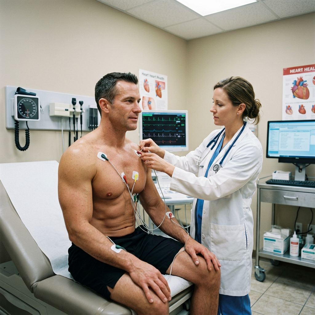 Doctor attaching ECG electrodes to a man's chest and arms in a medical exam room
