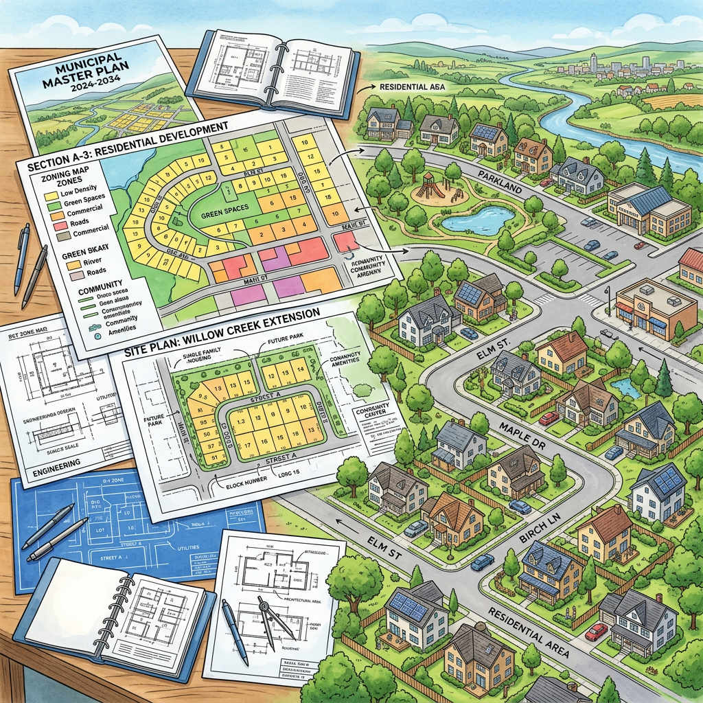 Urban planning map showing residential zones, streets, parks, and community layout for a municipal master plan.