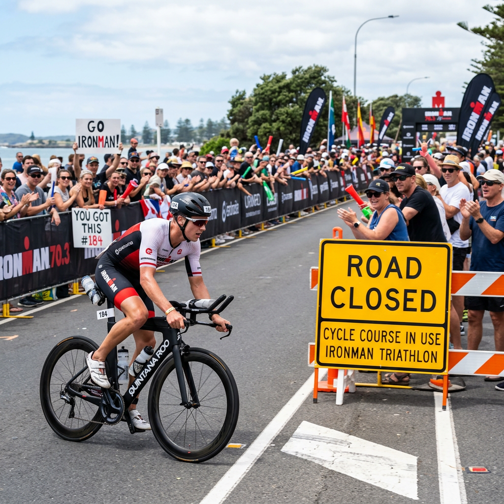 Cyclist racing in Ironman triathlon past cheering crowd and road closed sign