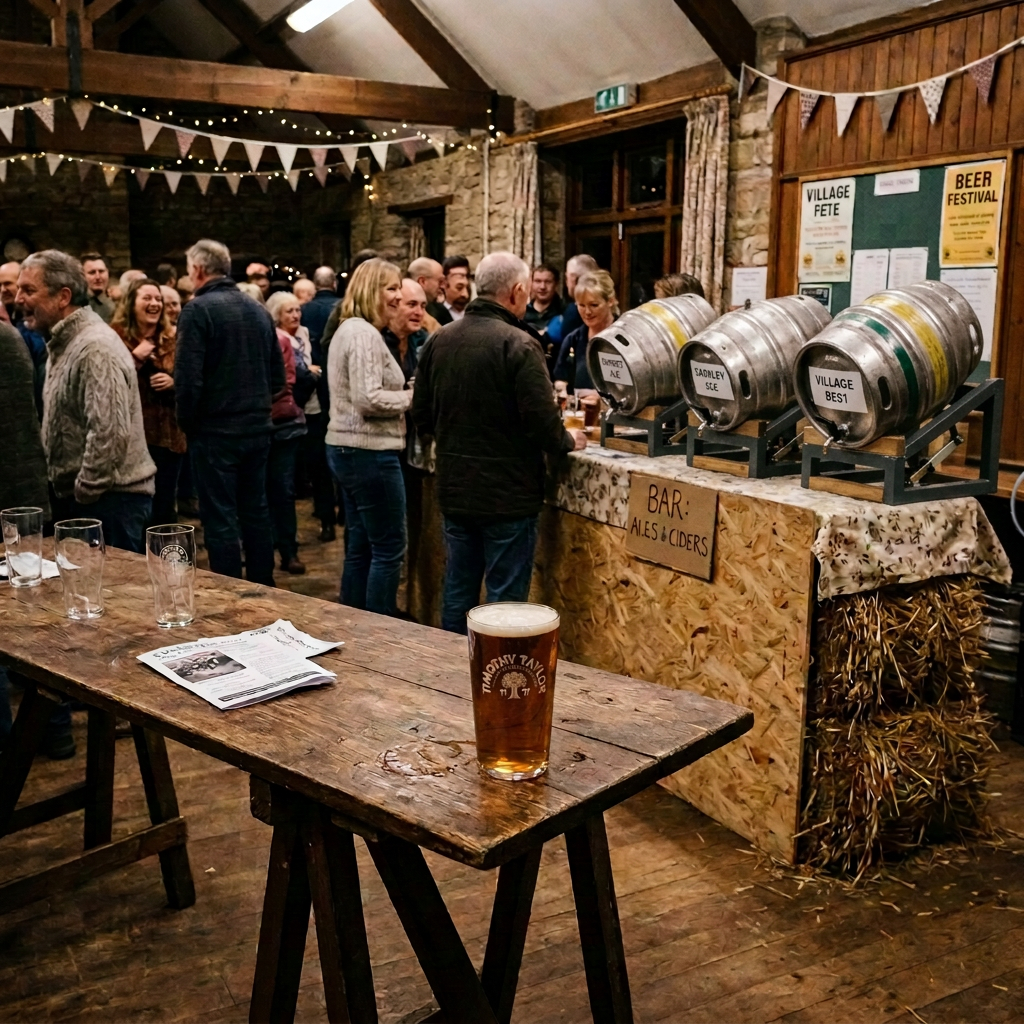 Crowd gathering at a village beer festival bar with local ale casks