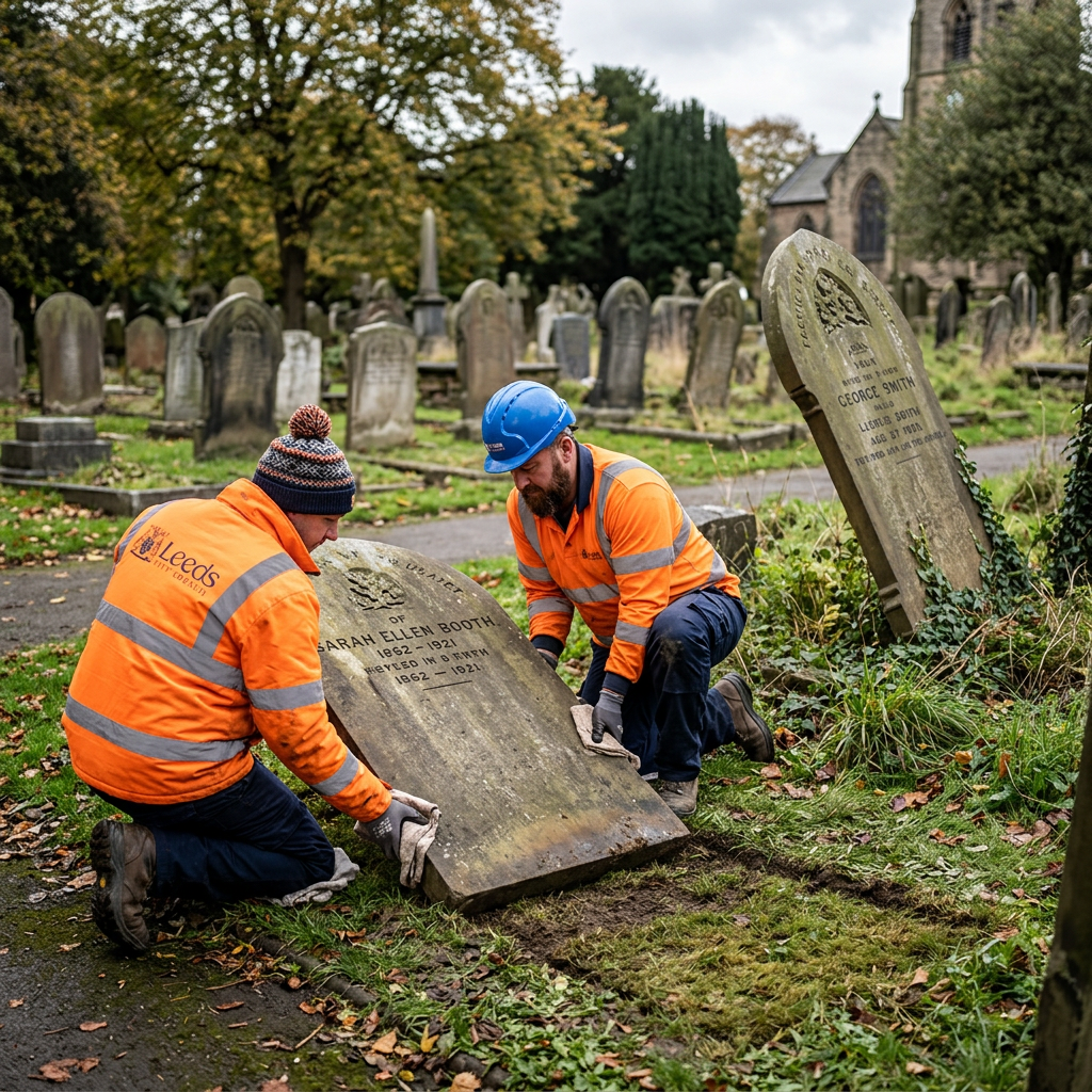 Two Leeds workers reposition a gravestone in a church cemetery