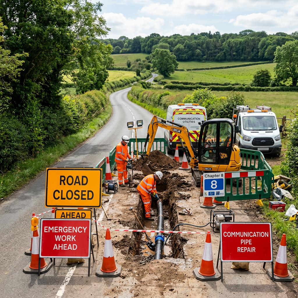 Workers repairing a communication pipe on a rural road marked ROAD CLOSED AHEAD